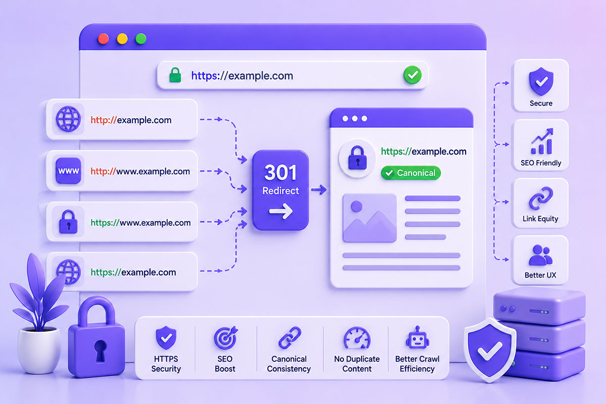 Featured image for “HTTP to HTTPS Redirects: SEO, Security & Canonical URL Best Practices”